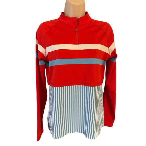 G/Fore Multi Stripe Layered 1/4 Zip Mock Neck Top Mykonos Red Blue White Size S - Picture 1 of 9